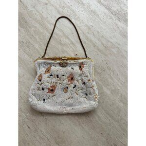Vintage 1950s Delill White Beaded Floral Purse With Gold Accents & Satin Interio